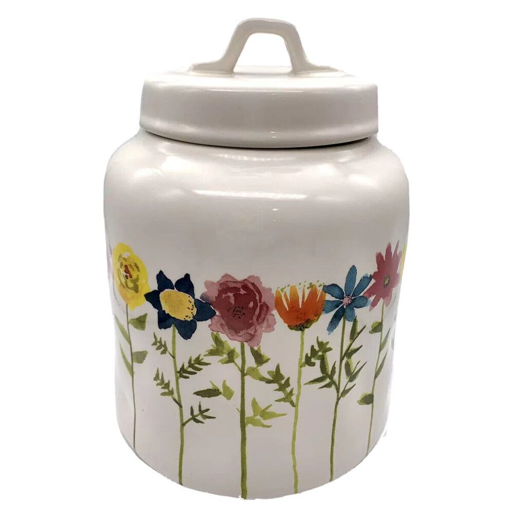 Rare Rae Dunn Mothers Day Canister w/ lid colorful Watercolor Flowers 9" retired